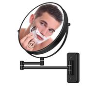 BTremary 8” Wall Mounted Bathroom Shaving Mirror, Save 10-13in of Space,1X/7X Wall Mount Magnifying Mirror Swing Arm, 360° Swivel Makeup Mirror for Men and Women in Hotel/Home, Black