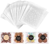 BTSD-home 100 Pack Self Seal Cellophane Bags with Stickers Clear Cookie Bags for Candy Baking Small Gift Giving (White Polka Dot 4x4 Inch)