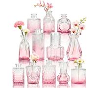 BTSD-home 12 Pack Pink Glass Bud Vases for Wedding Centrepieces Home Decor | Glass Vase Thick Sturdy Glass Etched Vintage Patterns Pebble Candle Fill Decor Windowsill Flower Display Florist Display Set