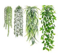 BTSD-home Artificial Hanging Plant 4 Pack Fake Plants for Wall Office Home Indoor Outdoor Decor With Boston Fern, String of Pearls (White Pots)