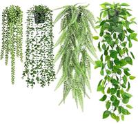 BTSD-home Artificial Hanging Plant 4 Pack Fake Plants for Wall Shelf Home Indoor Outdoor Decor With Ivy Vine Faux Eucalyptus, Boston Fern, String of Pearls (Black Pots)