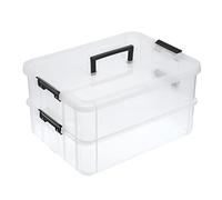 BTSKY 2 Layer Stack & Carry Box, Plastic Multipurpose Portable Storage Container Box Handled Organizer Storage Box (Black)