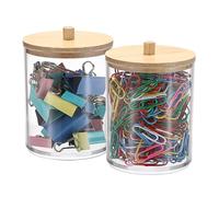 BTSKY 2 Pack Clear Paper Clip Holder with Bamboo Lid Plastic Paperclip Box Useful Office Supply Accessory Organizer Round Small Storage Holder Cute Qtip Holder for Office Bathroom Vanity