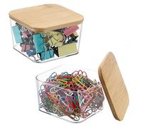 BTSKY 2 PCS Small Clear Organizer Paper Clip Holder with Bamboo Lid,Square Small Storage Holder Cute Qtip Holder for Office Bathroom