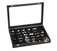 BTSKY 36 Grids Rectangle Storage Box with Transparent Lid for Jewelry Rock Stone - Black PU+Wood Storage Display Box Showcase with Velvet Inner for Geodes Mineral Agate Fossil Coral