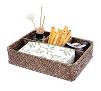 BTSKY 4 Compartment Seagrass Storage Basket Tissue Box - Woven Wicker Divided Storage Organizer Box Countertop Decorative Shelf Basket For Stationery, Candies, Tea bags, Cometics (Coffee)