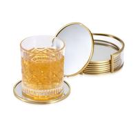 BTSKY 8pcs Mirrored Glass Gold Drink Coasters with Fannel Pad - 10 * 10cm Round Coaster with Fannel Bottom, Beverages Coasters Cup Glass Mat with Organizer Stand
