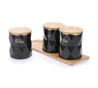 BTSKY Black Ceramic Sugar Coffee Tea Canisters with Lid and Tray - Airtight Set of 3 Storage Canisters Food Storage Containers Pots Jars with Bamboo Lid for Kitchen Counter