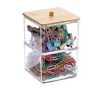 BTSKY Clear Stackable Paper Clip Holder with Bamboo Lid 2-Layer Paperclip Box Thick Acrylic Office Supply Accessory Organizer Square Small Storage Holder Cute Qtip Holder for Office Bathroom Vanity