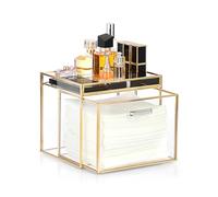 BTSKY Gold Glass Disposable Face Towel Storage Box with Top Tray - Clear Facial Towel Container, Tabletop Storage Box for Cleansing Cloths, Makeup Remover Cloths and Makeup Tools
