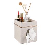 BTSKY Linen Square Tissue Holder Box With Top Storage Tray - Household Office Tabletop Cube Tissue Box Cover with Top Trinket Holder, Beige