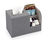 BTSKY Linen Square Tissue Holder Box With Two Side Storage Pockets For Remote Control Vanity Makeup Cosmetics Pen Pencil - Tabletop Cube Tissue Box Napkin Holder Storage Box, Grey