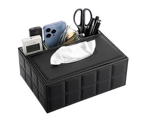 BTSKY PU Leather Household Office Rectangular Tissue Box with Remote Control Storage Holder - Desktop Tissue Holder Organizer Storage Box Remote Container, Black