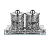 BTSKY Set of 3 Salt and Pepper Shakers with Tray - Glass Crystal Crushed Diamonds Salt & Pepper Canister Storage Jar, Cooking Seasoning Jar, Kitchen Accessories