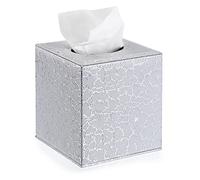 BTSKY Square PU Leather Tissue Box Cover - Stylish Cube Tissue Box Holder with Magnetic Bottom, Decorative for Vantity Dresser Night Stand Table Countertop Home Office Car (Silver)
