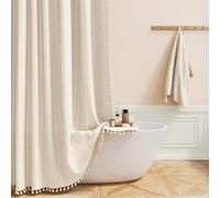 BTTN 122 x 182cm Boho Farmhouse Shower Curtain, Narrow Stall Anti Mould Fabric Tassel Shower Curtain Set with 8 Hooks, Weighted Hem and Waterproof, Striped Vintage Bohemian Bath Curtains, Beige/Cream