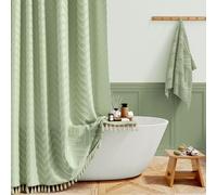 BTTN 182 x 200cm Drop Long Shower Curtain, Boho Farmhouse Tufted Chevron Striped Bath Curtains with Tassel, Bohemian Vintage Waterproof Weighted Ruffled shower Curtain Set with 12 Hooks, Sage Green