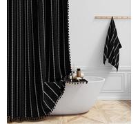 BTTN 182 x 214cm Drop Extra Long Shower Curtain, Boho Farmhouse Striped Vintage Linen Fabric Shower Curtains with Tassel, Large Rustic Bohemian Shower Curtain set with 12 Plastic Hooks, Black