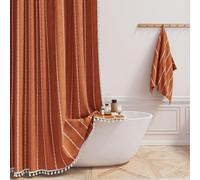 BTTN 182 x 214cm Drop Extra Long Shower Curtain, Boho Farmhouse Striped Vintage Linen Fabric Shower Curtains with Tassel, Large Bohemian Shower Curtain set with 12 Plastic Hooks, Burnt Orange