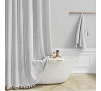 BTTN 182 x 214cm Drop Extra Long Shower Curtain, Boho Farmhouse Striped Vintage Linen Fabric Shower Curtains with Tassel, Large Rustic Bohemian Shower Curtain set with 12 Plastic Hooks, Grey