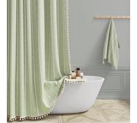 BTTN 182 x 214cm Drop Extra Long Shower Curtain, Boho Farmhouse Striped Vintage Linen Fabric Shower Curtains with Tassel, Large Rustic Bohemian Shower Curtain set with 12 Plastic Hooks, Sage Green