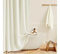 BTTN 182 x 214cm Drop Extra Long Shower Curtain, Boho Farmhouse Tufted Chevron Striped Vintage Tassel Shower Curtains, Large Rustic Bohemian with 12 Plastic Hooks, Beige/Cream
