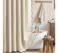 BTTN 184 x 245cm Drop Beige Scalloped Shower Curtain, Extra Long Boho Linen Look Textured Bathroom Curtains, Anti-Mould & Waterproof, Weighted Bohemian Shower Curtain Set with 12 Plastic Hooks, Cream