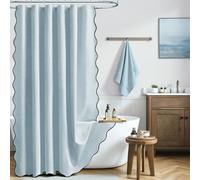 BTTN 184 x 245cm Fog Blue Scalloped Shower Curtain, Extra Long Boho Linen Look Textured Bathroom Curtains, Anti-Mould & Waterproof, Weighted Bohemian Shower Curtain Set with 12 Plastic Hooks, Fog Blue