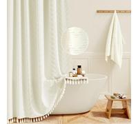 BTTN 92 x 182cm Boho Farmhouse Shower Curtain, Narrow Tufted Chevron Striped Tassel Shower Curtain Set with 6 Hooks, Weighted Hem and Waterproof, Ruffled Vintage Bohemian Bath Curtains, Beige/Cream