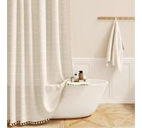 BTTN Boho Farmhouse Shower Curtain, Plaid Linen Fabric French Rustic Bath Curtains with Tassel, Durable and Washable, Chic Vintage Bohemian Shower Curtain Set with 12 Hooks, 182 x 182cm, Beige/Cream