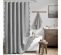 BTTN Long Scalloped Weighted Shower Curtain, Waterproof, 184x200cm, Grey | 12 Plastic Hooks, Laminated Waterproof Backing, Mould Proof Resistant, Boho Weighted Fabric for Bathroom & Wet Room, Washable