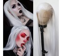 BTWTRY White Synthetic Lace Front Wig - Long Straight Platinum Snow White Lace Front Synthetic Wig - Pre Plucked Natural Hairline - Glueless Heat Resistant Fiber Hair Wig for Fashion Women