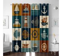 BTYWH Curtain With Eyelets Abstract Ship Lighthouse Fish 95 X 90 Inch(W X H) 2 Panels Polyester Printed Ring Top Thermal Blackout Curtains For Bedroom Living Room, Home Decorations Window for Kitchen