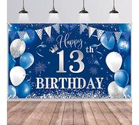 BTZO Happy 13th Birthday Decorations, Blue Silver Fabric Photo Backdrop Background for Boys and Girls Party, 180110cm