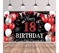 BTZO Happy 18th Birthday Decorations - Red and Black Birthday Fabric Photo Backdrop Background for Boys & Girls Anniversary Party Decor, 180×110cm