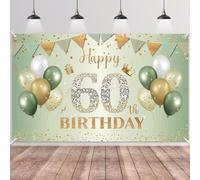 BTZO Happy 60th Birthday Banner - Sage Green Gold Backdrop for Men Women, Decorations Fabric Photo Background Signs for 60 Years Old Party, 180×110cm