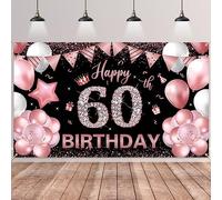 BTZO Happy 60th Birthday Decorations, Rose Gold and Black Birthday Fabric Photo Backdrop Background for Men Women Anniversary Party Decor, 180×110cm