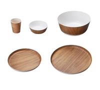 Buachois Melamine Dinnerware Set, Wood Grain Pattern Plates Bowls Cups Serving Tray, 16-Piece Kitchen Dining Set for Indoor Outdoor Party Catering