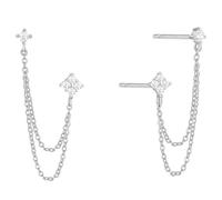 BUAEL 925 Sterling Silver Four Cubic Zirconia Flower Stud Earrings for Women Double Stud Chain Tassel Earring Gold Plated Double Piercing Dangle Chain Earrings Jewelry
