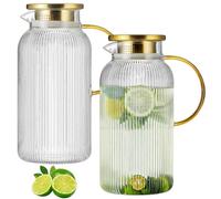 Buaic 2 PACK Glass Pitcher with Lid, 68 oz/ 2 Liter Classic Vertical Stripes Water Carafe, Heat Resistant Glass Jug