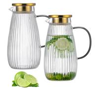 Buaic 2 PACK Glass Pitcher with Lid and Spout,68 oz/2 Liter Vertical Stripes Water Pitcher for Fridge, Clear Borosilicate Glass Water Carafe for Cold Brew, Coffee, Lemonade, Iced Tea,Heat Resistant