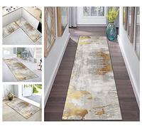 Buatisf Rug Runner Hallway Non-Slip Grey Gold Abstract Modern Corridor Carpet Runner Washable Bedroom Living Room Kitchen Runner Sold by the Metre Adjustable Kitchen Floor Mat