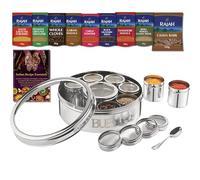 Bub Large 22cm Masala Dabba Spice Tin Gift Set | 9 Spice Pots with Individual Lids | Includes Rajah Spices & Recipe Book | Holds 12 Spices | Serving Spoon & Clear Lids (SPICE TIN 12 & SPICE KIT)