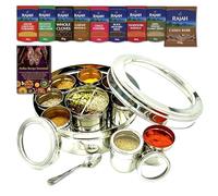 Bub: Large 22cm Premium Spice Tin Masala Dabba Rajah Spices Bundle & Recipe Book | 9 Spice Jars with Individual Lids - Holds 12 spices | Serving Spoon & Clear Acrylic Lids (SPICE TIN 12 & SPICE KIT)