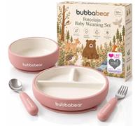 Bubba Bear Baby Porcelain Set for Weaning | Suction Plate, Bowl & Feeding Cutlery for Babies | Toddler Stay Put Food Bowls & Plates Sets | Non Slip Silicone Sleeve for Toddlers & Kids (Dusty Pink)
