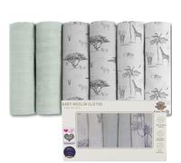 Bubba Bear Muslin Cloths for Baby, 6 Pack of Bamboo & Organic Cotton Muslins Squares 70x70cm, Large Burp Cloth for Babies, Cute Newborn Essentials for Baby Boy & Girl (Safari)