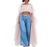 Bubble Crop Top for Women Trendy Square Neck Chiffon Ruffled Puff Sleeve Weekends Vacation Going Out Tops, White, L