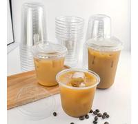 Bubble Crush Plastic Smoothie Cups with Flat Lids - 24oz Pack of 100 - Strong Clear Plastic Cups for Milkshakes, Smoothies, Iced Coffee, Slusly and Bubble Tea - 100% Reusable Cups