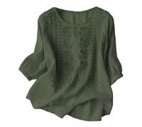 bubble hem tops for women Linen Bohemian Style Embroidered Top Summer Peasant Blouses 3/4 Sleeve Round Neck Lightweight Fashion T-Shirts Office Work Casual Blouse Holiday Beach Wear,ladies long tops