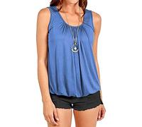 Bubble Hem Vest Women's Vests Sleeveless Bubble Hem Top Ladies Straps Vest Pleated Scoop Neck Elasticated Stretch Hem Summer Jersey Tank Top Loose fit Denim Blue 8-10